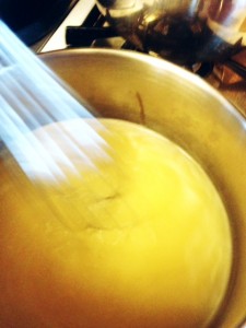 Add the cornstarch and egg mixture to thicken.