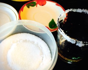 Keep Kosher Salt in plastic container. Dip rim in saucer of tequila, then container. Done!