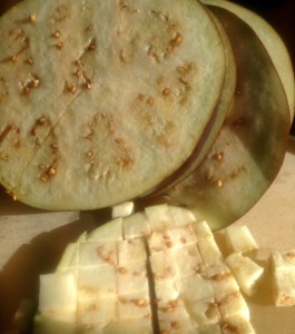 Slice the Eggplant into rounds first, then into cubes.