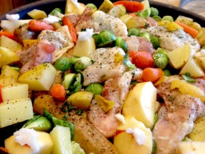 Roast Fryer with Vegetables in one pan.